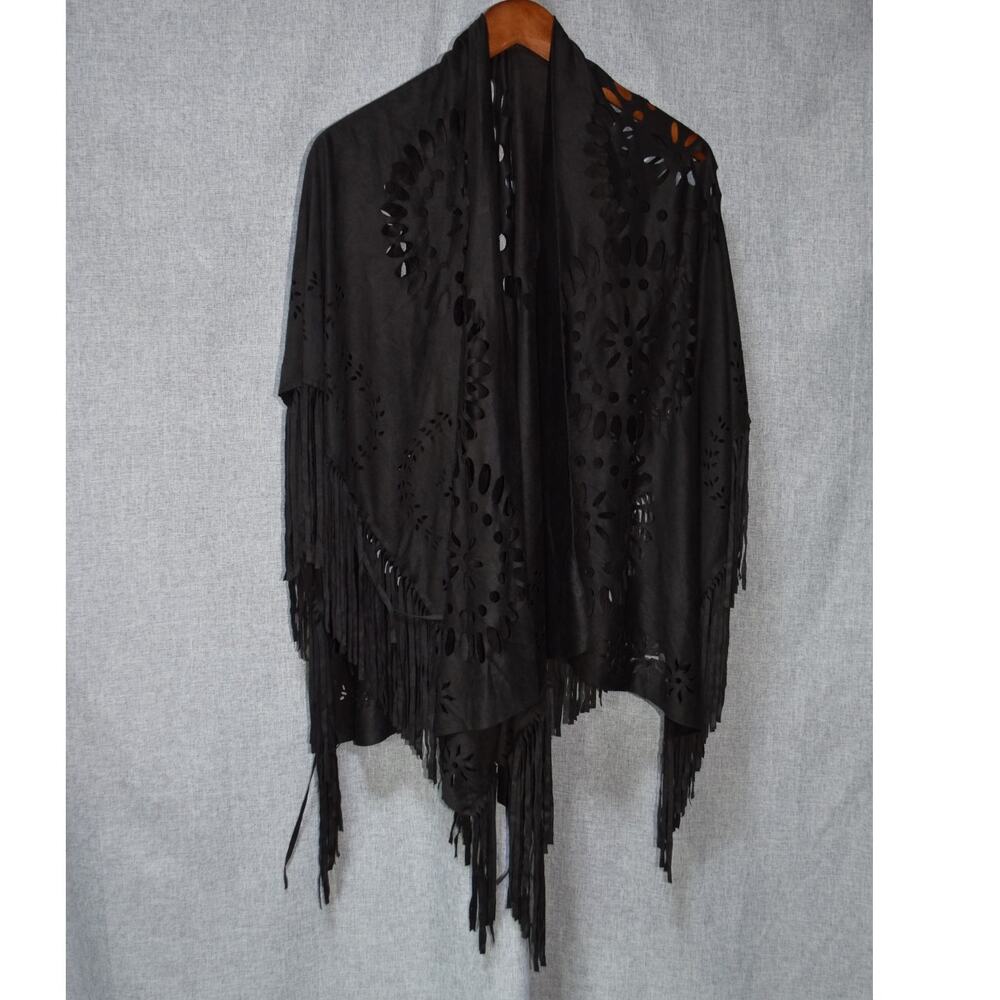 Black Laser Cut Fringe Wrap Shawl Open Front One Size